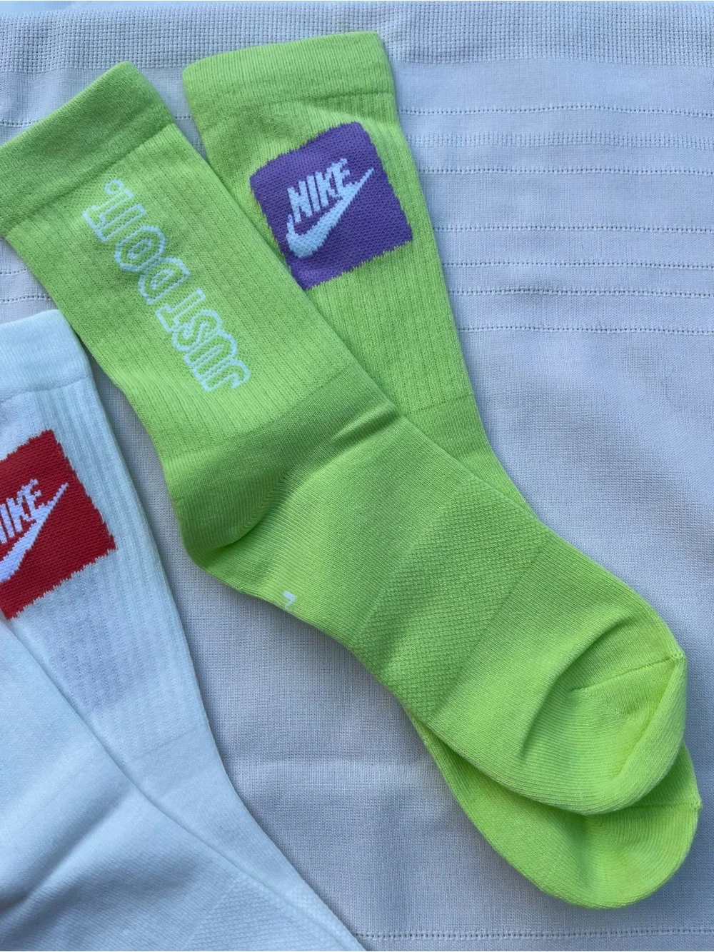 Nike Crew Socks Trio - Red, White, Lime with 'Just Do It' Branding